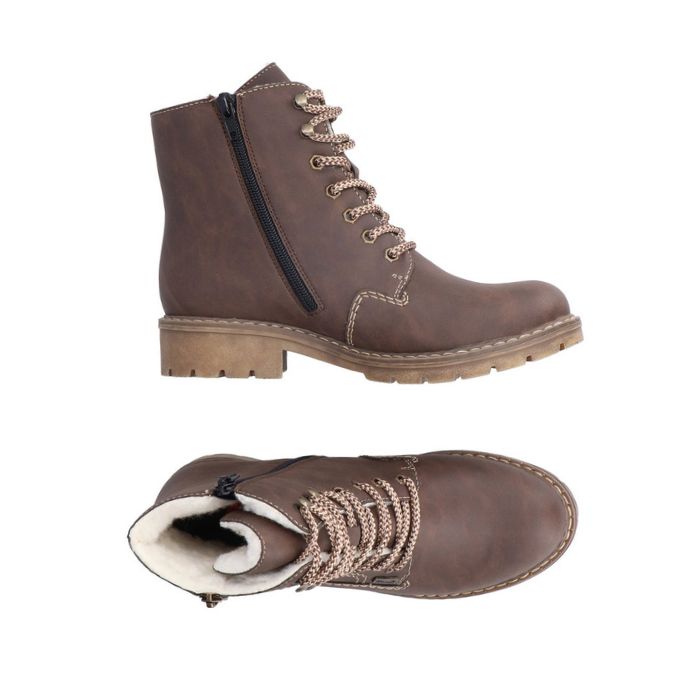 Brown lace up boot with accent zipper. Black inside zipper closure and white fur lining.