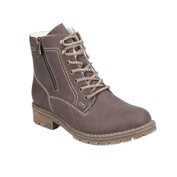 Brown lace up boot with accent zipper.
