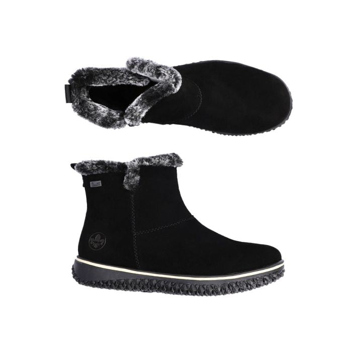 Black ankle boot with grey fur collar.