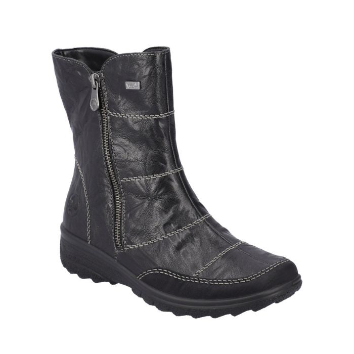 Black leather mid-calf boot with beige accent stitching.