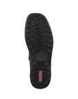 Black outsole of women's boot with red Rieker logo on heel.