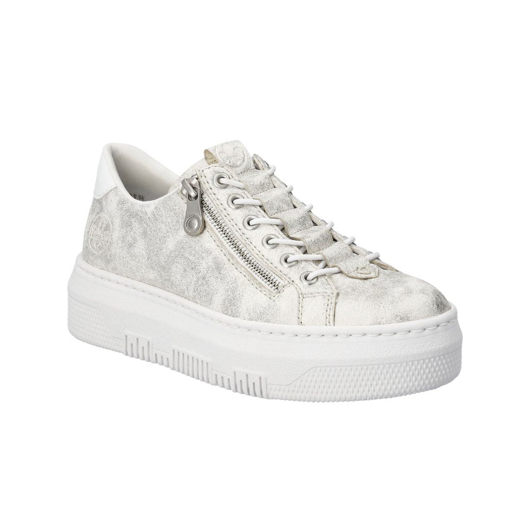 
A gold leather platform sneaker with side zipper detail and lace-up closure.