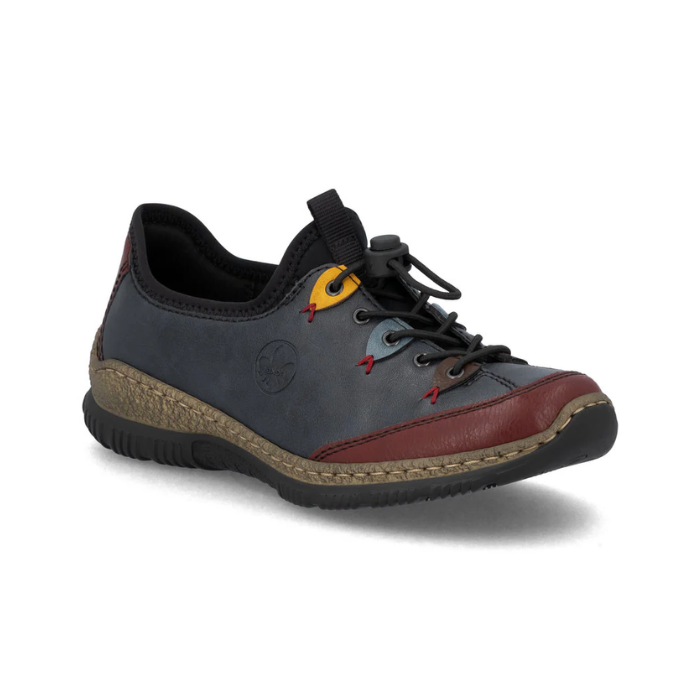 Blue slip on sneaker with bungee lace, colorful accent eyelets with red toe wrap, brown midsole and black outsole.