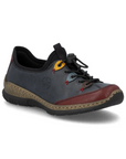 Blue slip on sneaker with bungee lace, colorful accent eyelets with red toe wrap, brown midsole and black outsole.