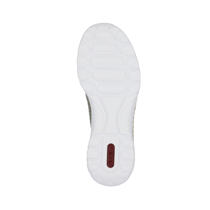 White light treaded outsole with red Rieker logo on heel.