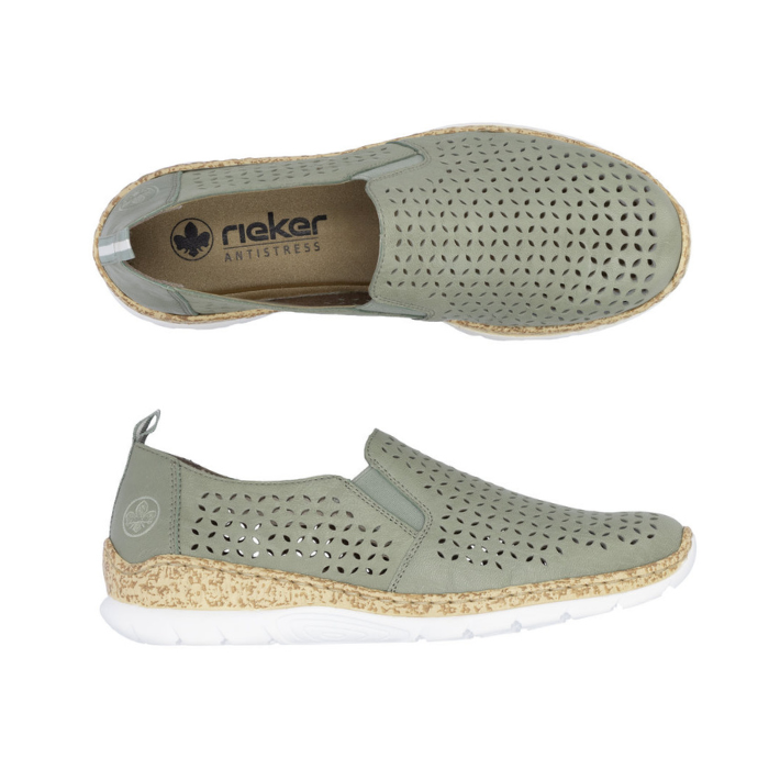 Pair of green perorated slip-on shoes with tan Rieker logo'd footbed, faux cork midsole and white outsole.