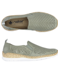 Pair of green perorated slip-on shoes with tan Rieker logo'd footbed, faux cork midsole and white outsole.