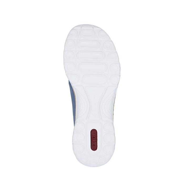 White light treaded outsole with red Rieker logo stamped in heel.