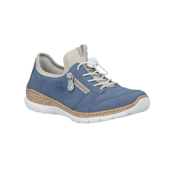 Blue slip-on sneaker with toggle elastic laces, beige cuff, decorative side zipper, faux cork midsole and white outsole.