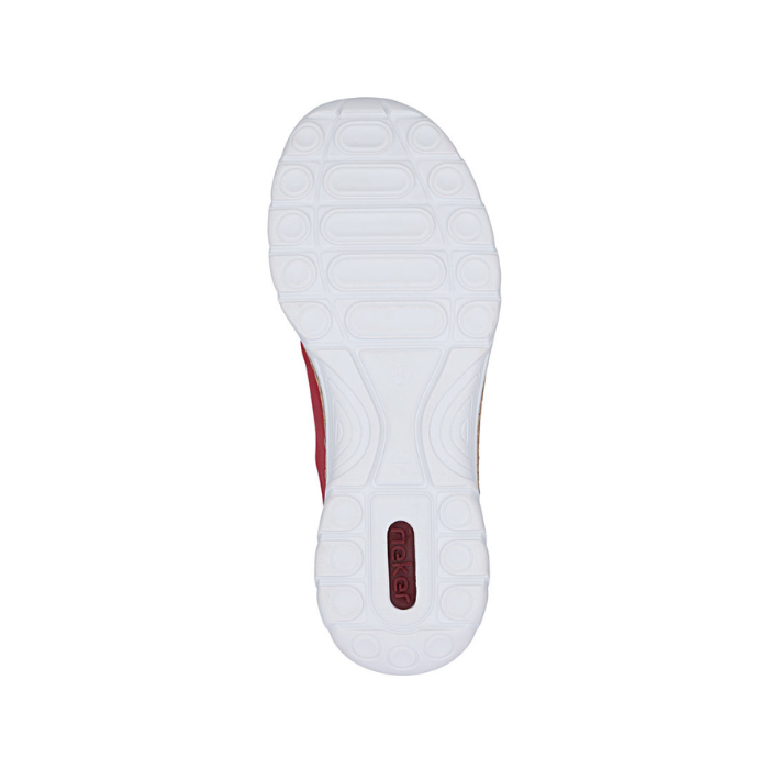 White light treaded outsole with red Rieker logo stamped on heel.