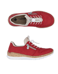 Pair of Red slip-on sneakers with toggle elastic laces, beige cuff, decorative side zipper, tan Rieker logo'd footbed faux cork midsole and white outsole.