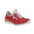 Red slip-on sneaker with toggle elastic laces, beige cuff, decorative side zipper, faux cork midsole and white outsole.