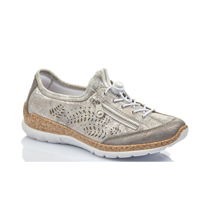 A silver Rieker bungee cord slip-on sneaker with decorative leaf perforations throughout upper, decorative side zipper, cork midsole and white outsole.