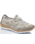 A silver Rieker bungee cord slip-on sneaker with decorative leaf perforations throughout upper, decorative side zipper, cork midsole and white outsole.