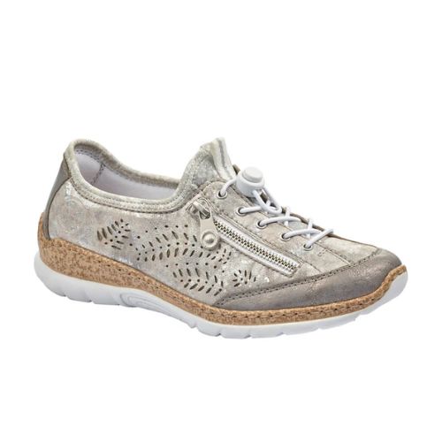 Silver slip on sneaker with white bungee lace with toggle. These have a cork midsole and white outsole.