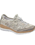 Silver slip on sneaker with white bungee lace with toggle. These have a cork midsole and white outsole.