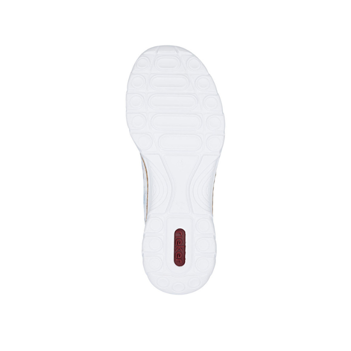 White light treaded outsole with red Rieker logo on heel.