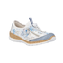 A white Rieker bungee cord slip-on sneaker with decorative leaf perforations and blue accents throughout upper, decorative side zipper, faux cork midsole and white outsole.