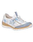 A white Rieker bungee cord slip-on sneaker with decorative leaf perforations and blue accents throughout upper, decorative side zipper, faux cork midsole and white outsole.