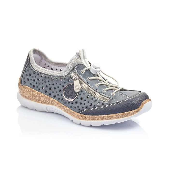 A light blue Rieker bungee cord slip-on sneaker with decorative circle perforations throughout upper, cork midsole and white outsole.