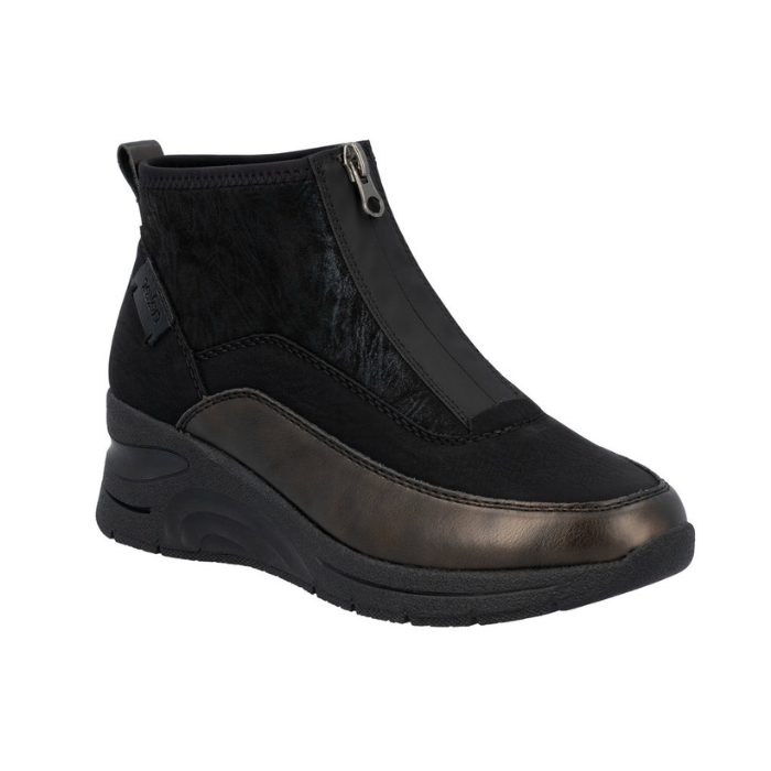 Black sneaker ankle boot with front zipper, bronze accent and black wedge outsole.