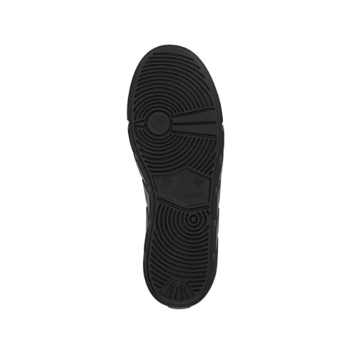 Black circle treaded pattern outsole with Rieker logo stamped in middle.