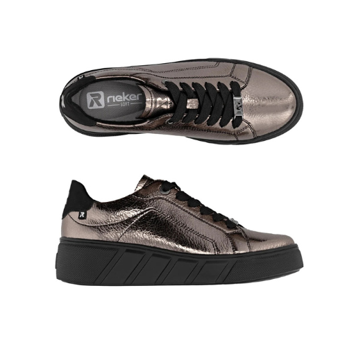 Pair of Metallic bronze sneakers with thick black laces, black heel cap, accent stitching, grey Rieker logo'd footbed and thick black platform outsole.