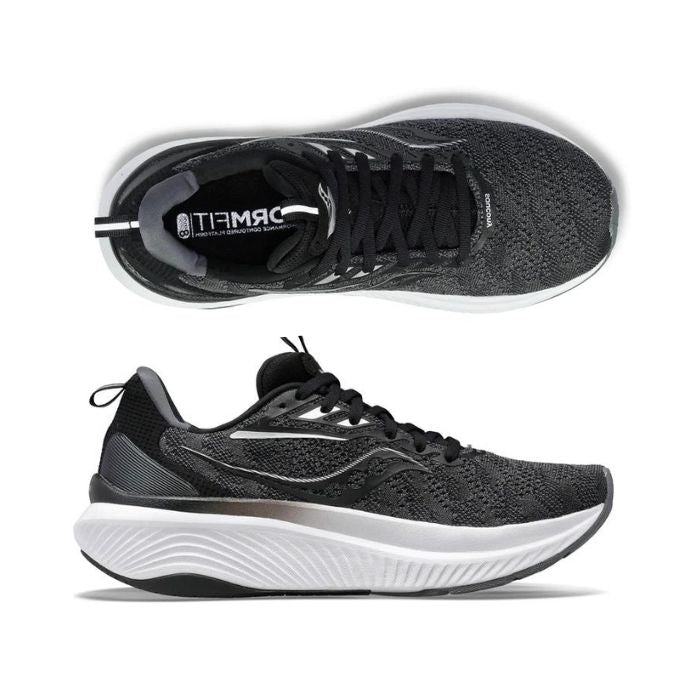 Black mesh sneaker with black laces and thick white midsole. Saucony logo on side.