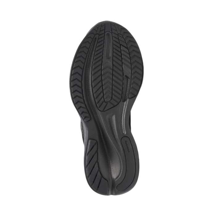 Outsole of a black walking shoe with light textured tread pattern.