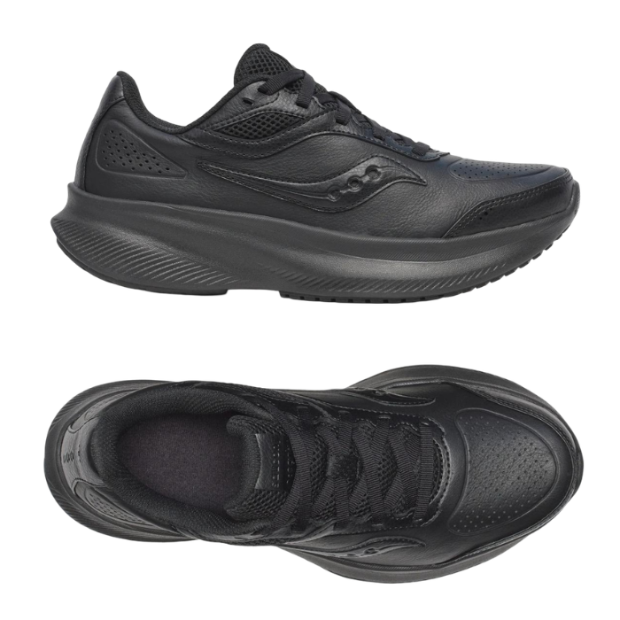 Pair of all black leather walking sneakers with thick midsole and rocker, light treaded outsole.