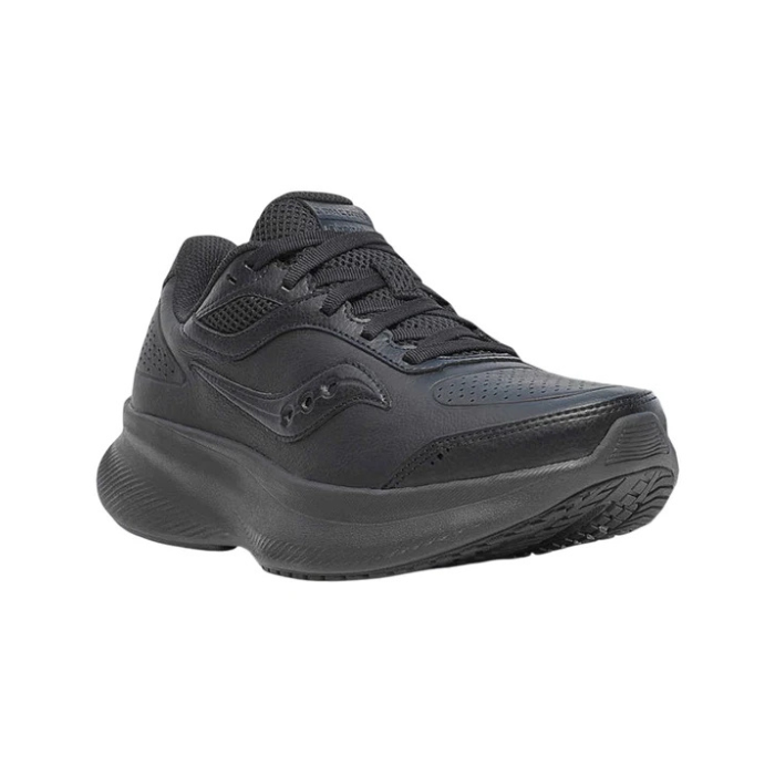 An all black leather walking sneaker with thick midsole and rocker, light treaded outsole.