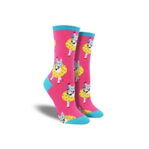 Pink socks with dark blue accents featuring dogs with snorkels in floaty tubes