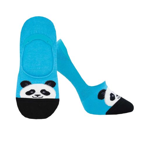 Women's No Show Socks in bright blue featuring a panda face and black toe.
