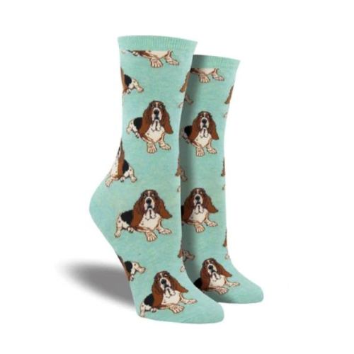 Socksmith Women's Nothing But A Hound Dog Socks in light blue featuring Basset Hound design, fun cotton crew socks for pet-themed fashion gifts.