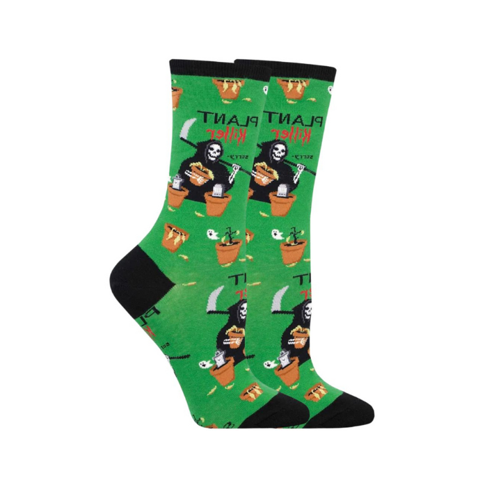 Socksmith Women's Plant Killer Socks in green with a grim reaper and potted plants design. 