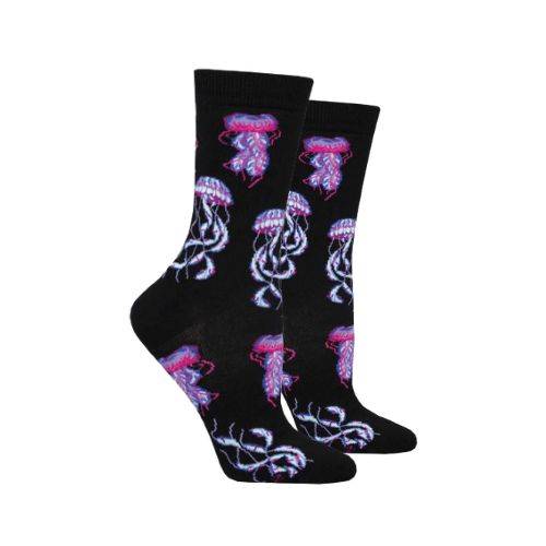 Black crew socks with purple jellyfish pattern.