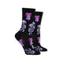 Black crew socks with purple jellyfish pattern.
