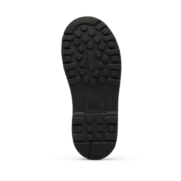 Black rubber outsole with thick dot tread pattern and Sorel logo stamped in middle.