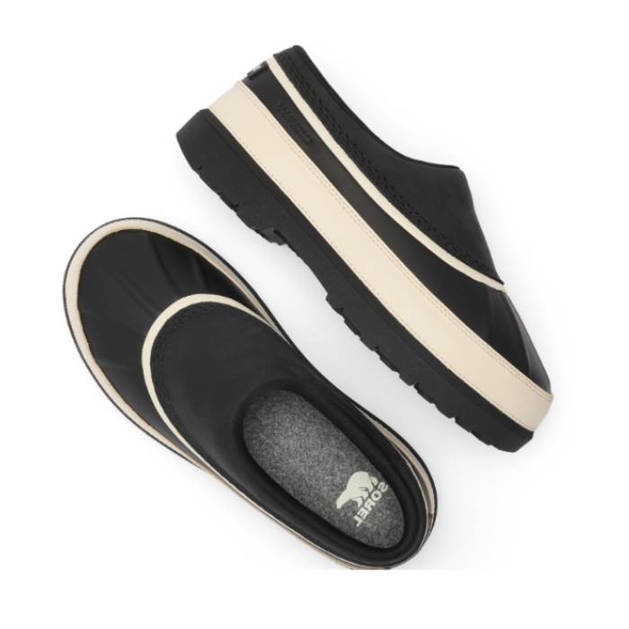 Pair of slip-on clog-style shoes in black with off-white accents, grey Sorel logo'd footbed and black treaded outsole.