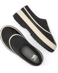Pair of slip-on clog-style shoes in black with off-white accents, grey Sorel logo'd footbed and black treaded outsole.
