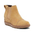 Tan Women's Sorel Evie Pull On Wedge Boot with suede upper and rubber sole, ideal for stylish waterproof fall footwear with wedge support.