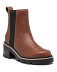 Brown leather Chelsea boot with black elastic goring, heel pull tab and platform heeled outsole.