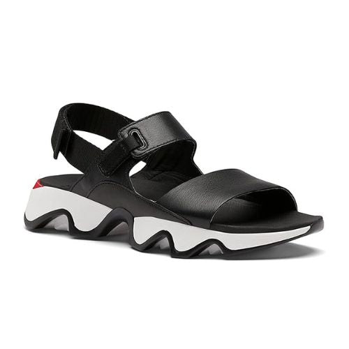 Black leather sandal with backstrap and white and black thick outsole.
