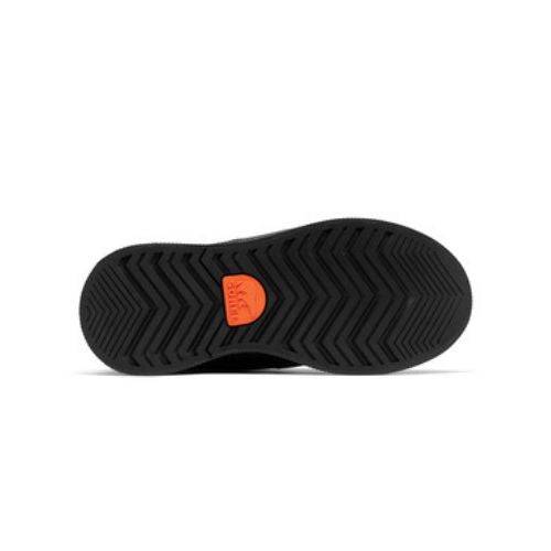 Black rubber outsole with zig zag tread and orange sorel logo in middle.