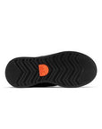 Black rubber outsole with zig zag tread and orange sorel logo in middle.