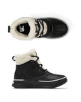 Pair of Ankle duck Boots in black with white fur cuffs and black laces.