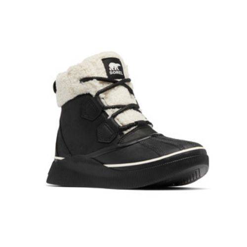 Ankle duck Boot in black with white fur cuffs and black laces.