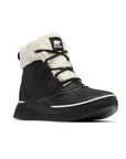 Ankle duck Boot in black with white fur cuffs and black laces.