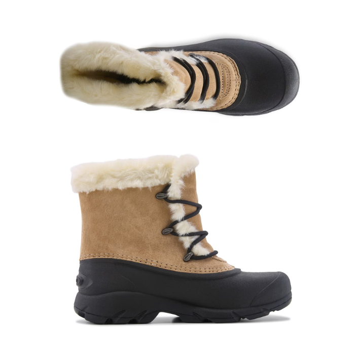 Pair of tan winter boot with faux fur lining, suede upper, round laces, and a rubber shell wrapping around the lower foot and up the sides.