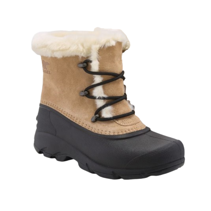 Tan winter boot with faux fur lining, suede upper, round laces, and a rubber shell wrapping around the lower foot and up the sides.